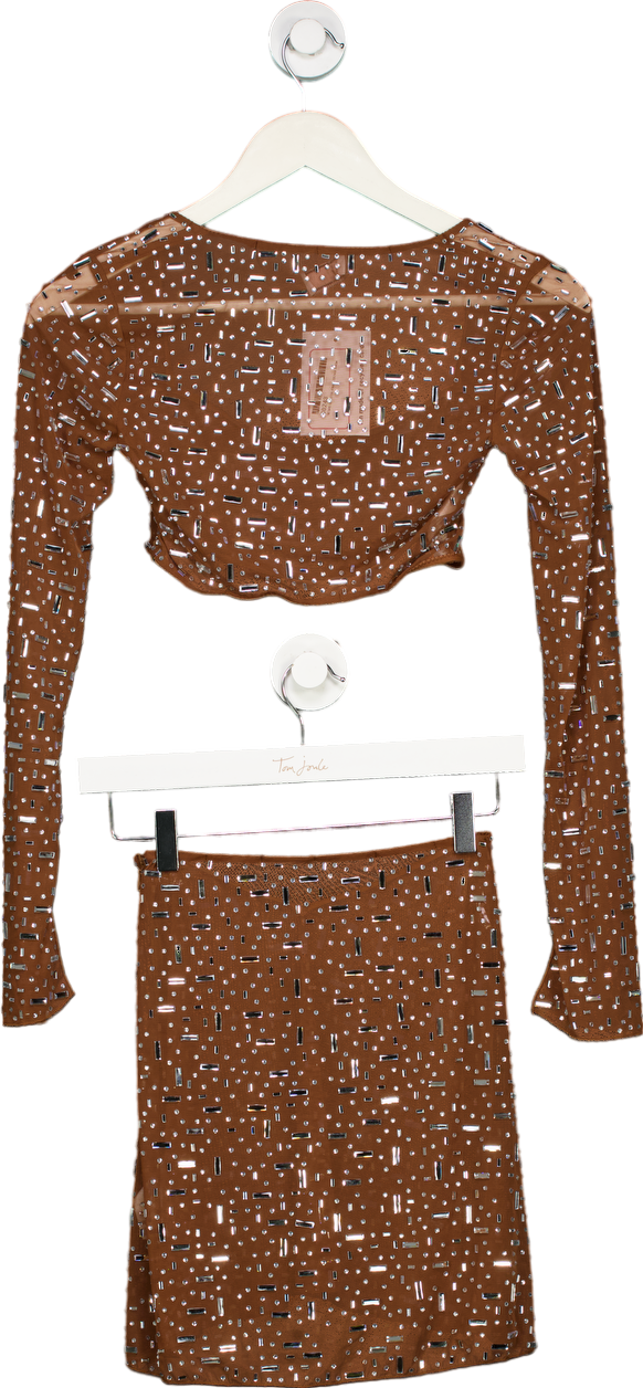 Oh Polly Brown Sequin Mesh Crop Top and Skirt Set UK 6