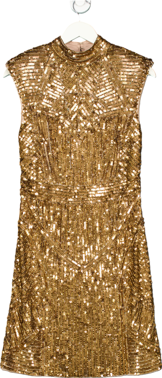 Karen Millen Gold Embellished Strong Shoulder Dress UK 12