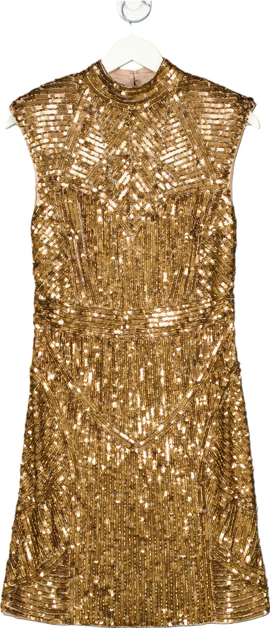 Karen Millen Gold Embellished Strong Shoulder Dress UK 12