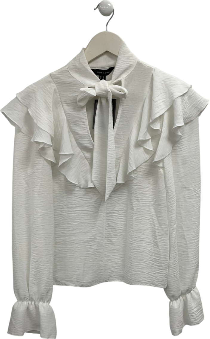 New Look White Tie Beck Ruffle Collar Blouse UK 6