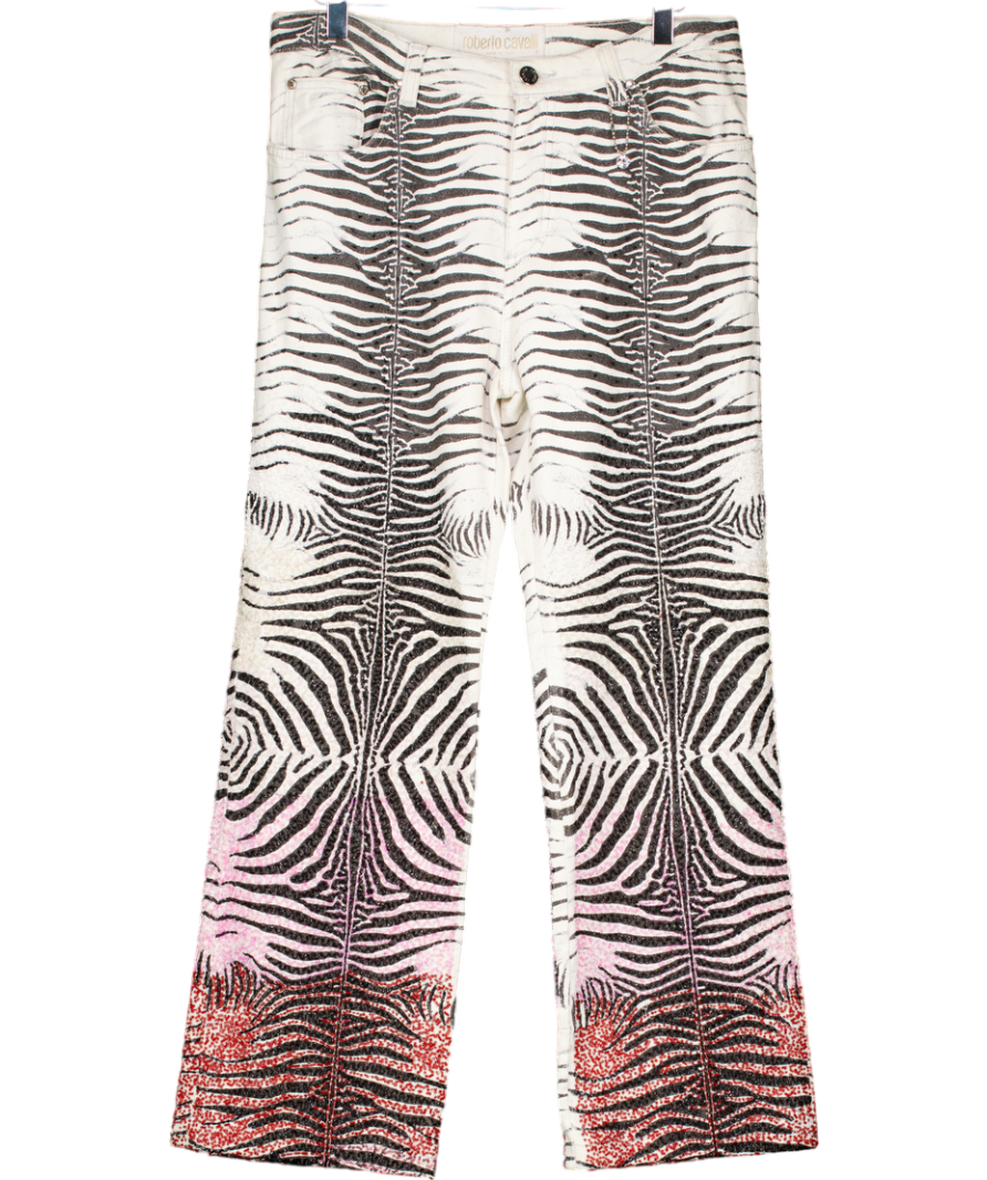 Roberto Cavalli Vintage White Zebra Print Embellished Straight Leg Jeans UK L