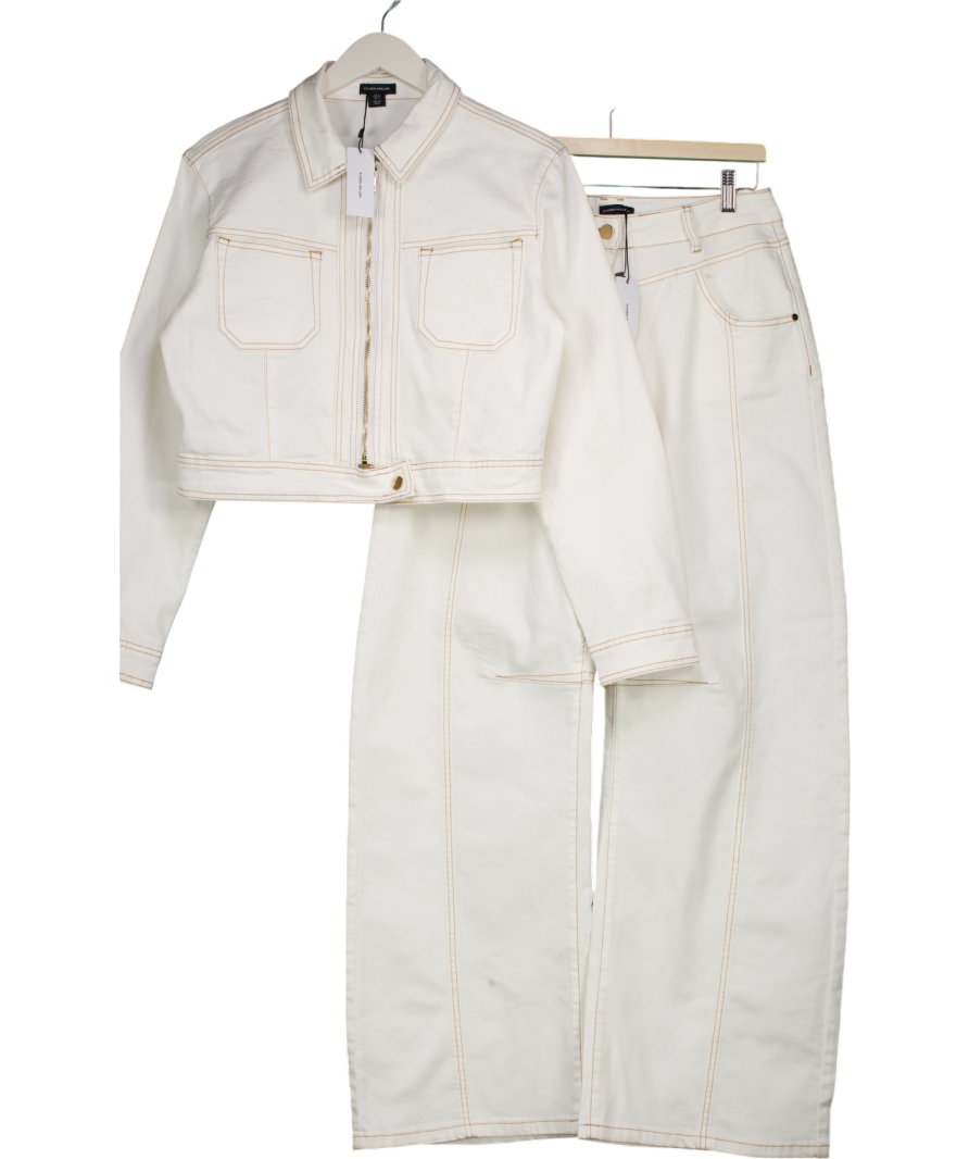 Karen Millen White Denim Contrast Stitch Jacket And Barrel Leg Jeans Set UK 12