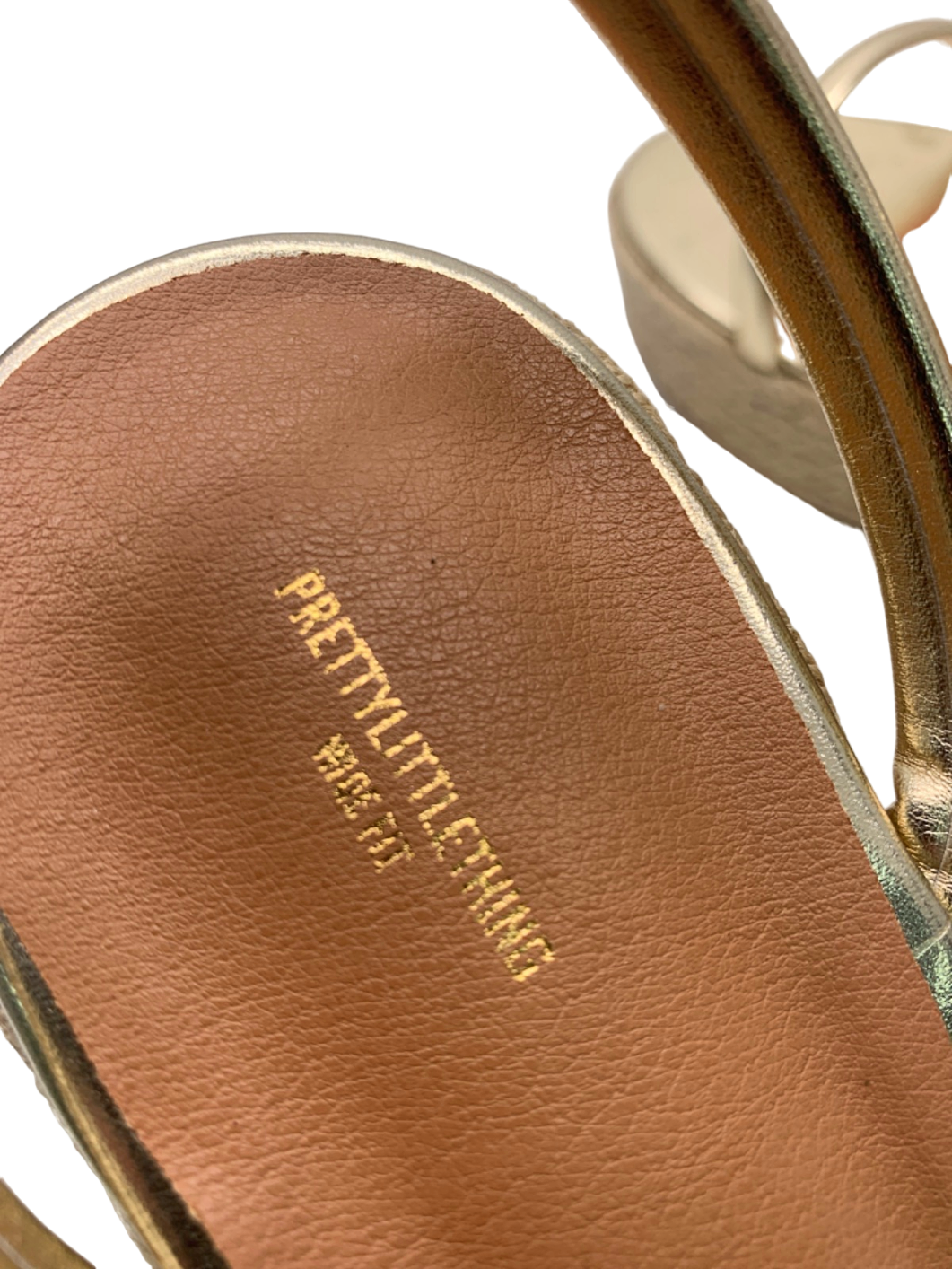 PrettyLittleThing Gold Wide Fit PU Round Toe Asymmetric Strap Platform Heels UK 6
