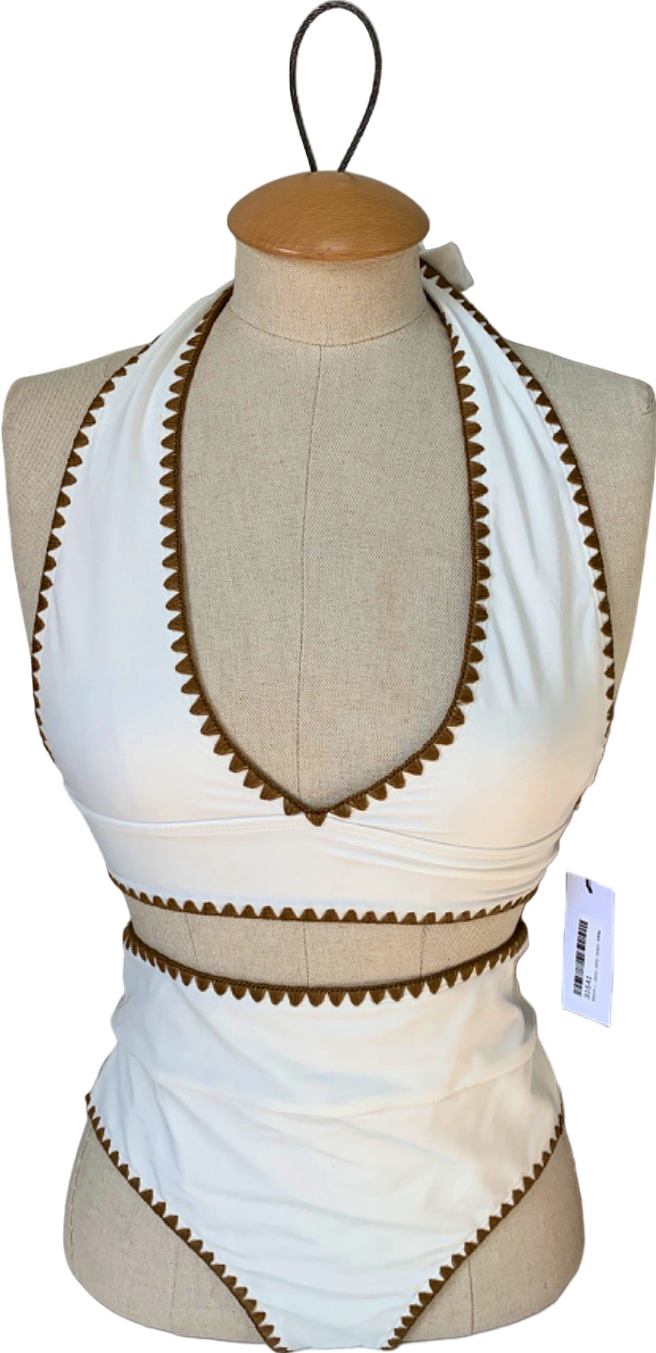 Karen Millen Cream Stitch Detail Plunge Bikini Top and High Waisted Bikini Bottoms UK XS/S