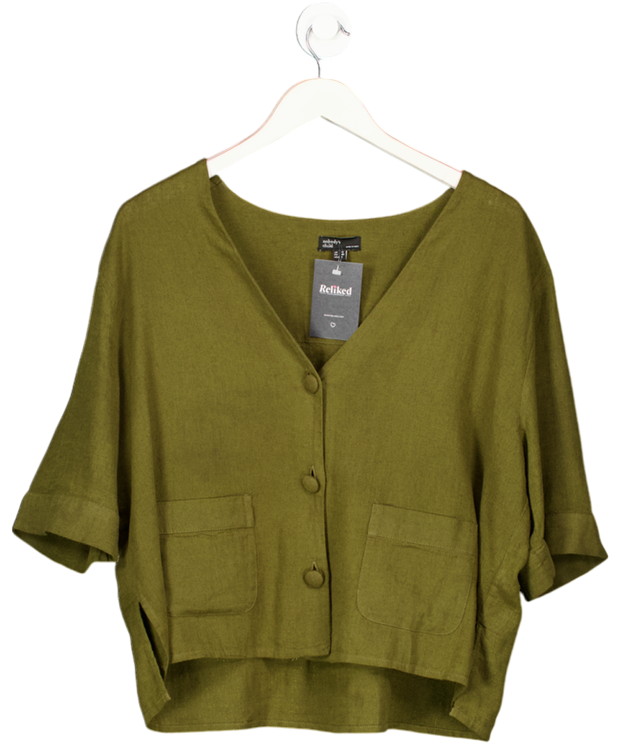 Nobody's Child Bobbie Boxy Green Linen-blend V-neck Shirt UK 12