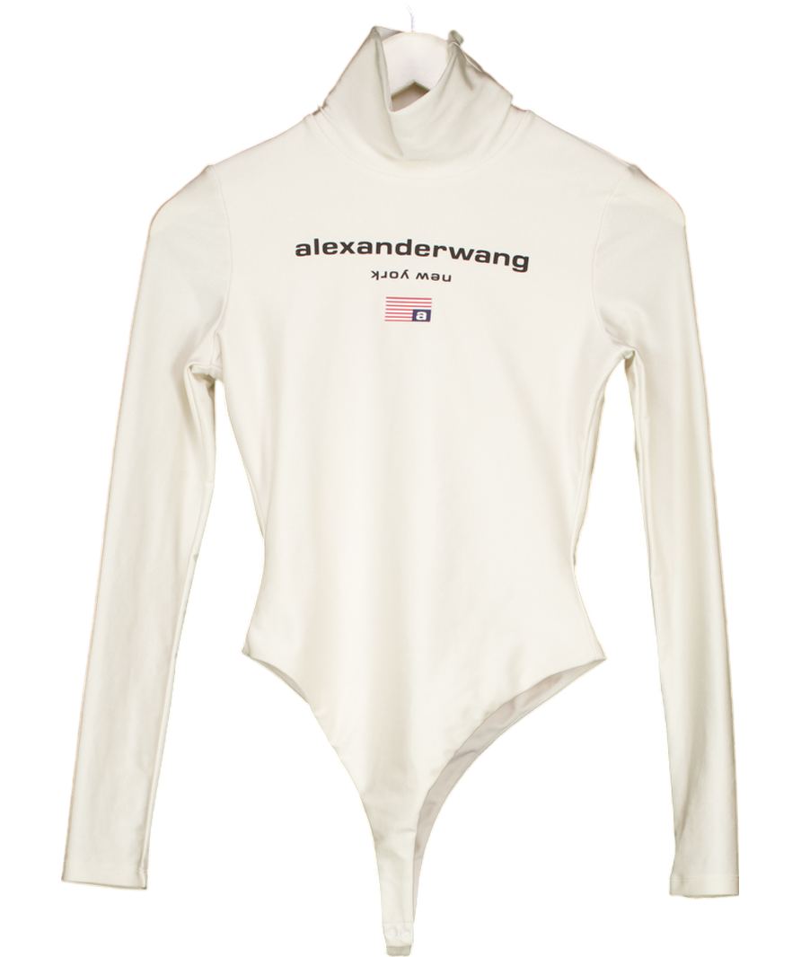 Alexander Wang Cream Logo Roll-neck Bodysuit Top UK XS