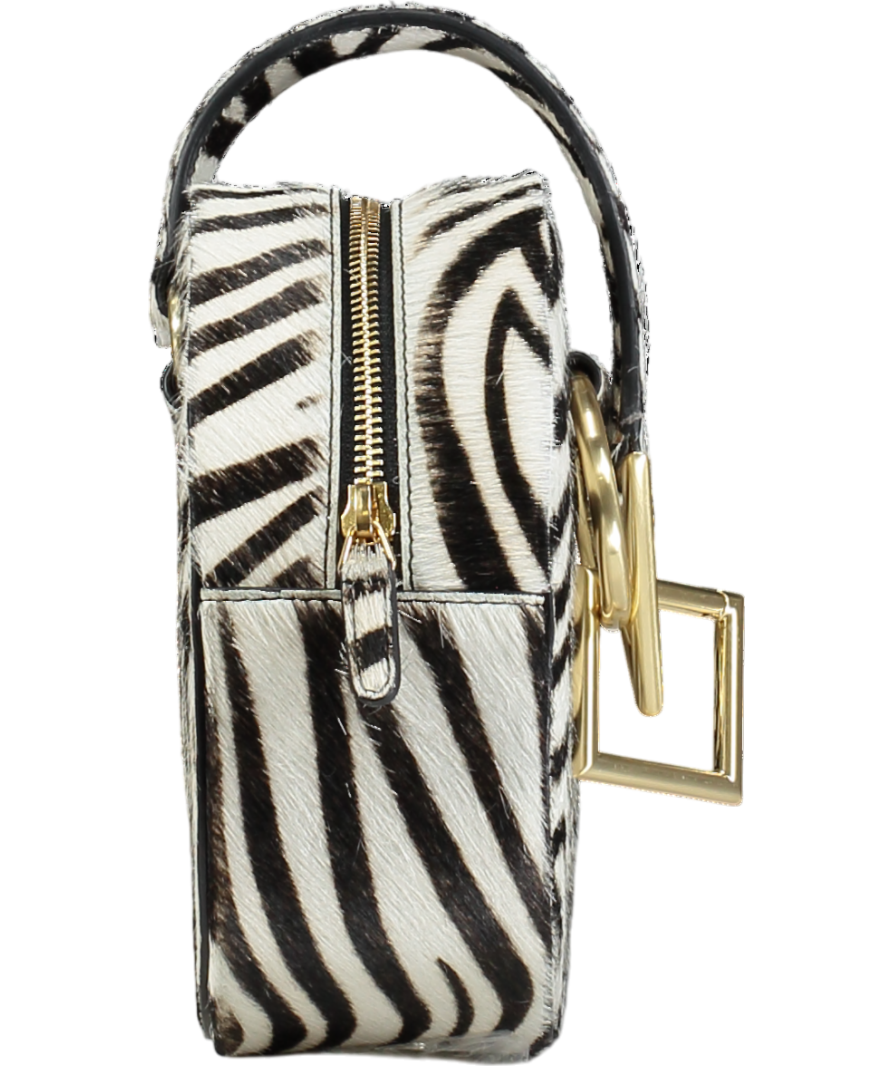 Tarah Zadeh Black Azar Leather Zebra Pony Hair Round Wristlet Clutch Bag