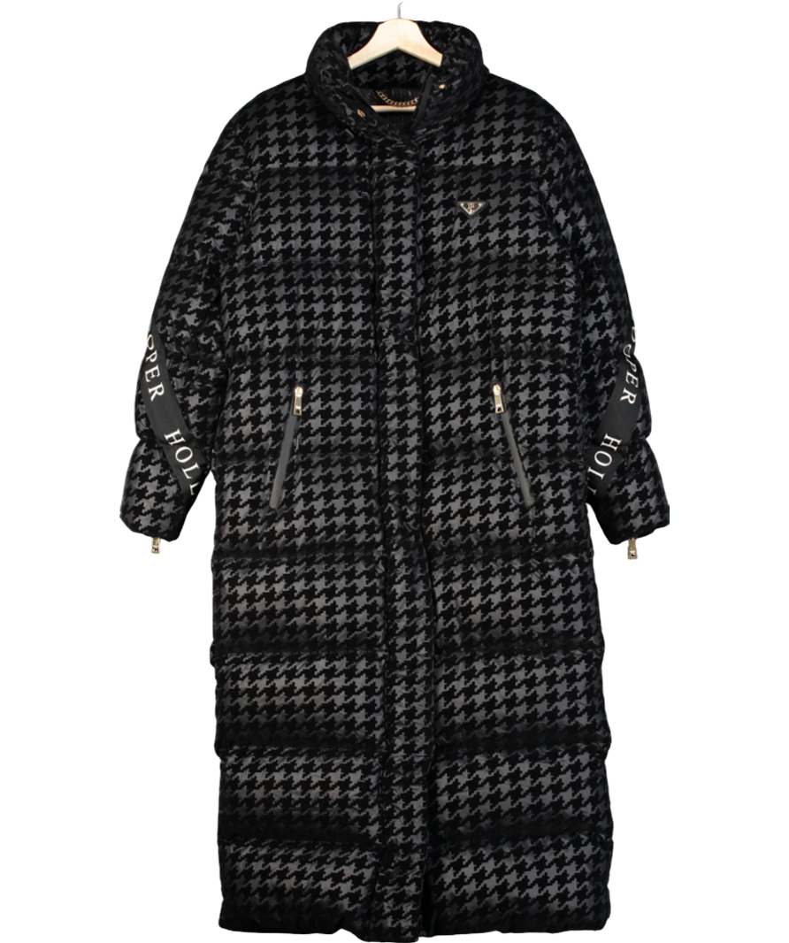 Holland Cooper Black Camden Mono Houndstooth Longline Down Filled Puffer Coat UK S