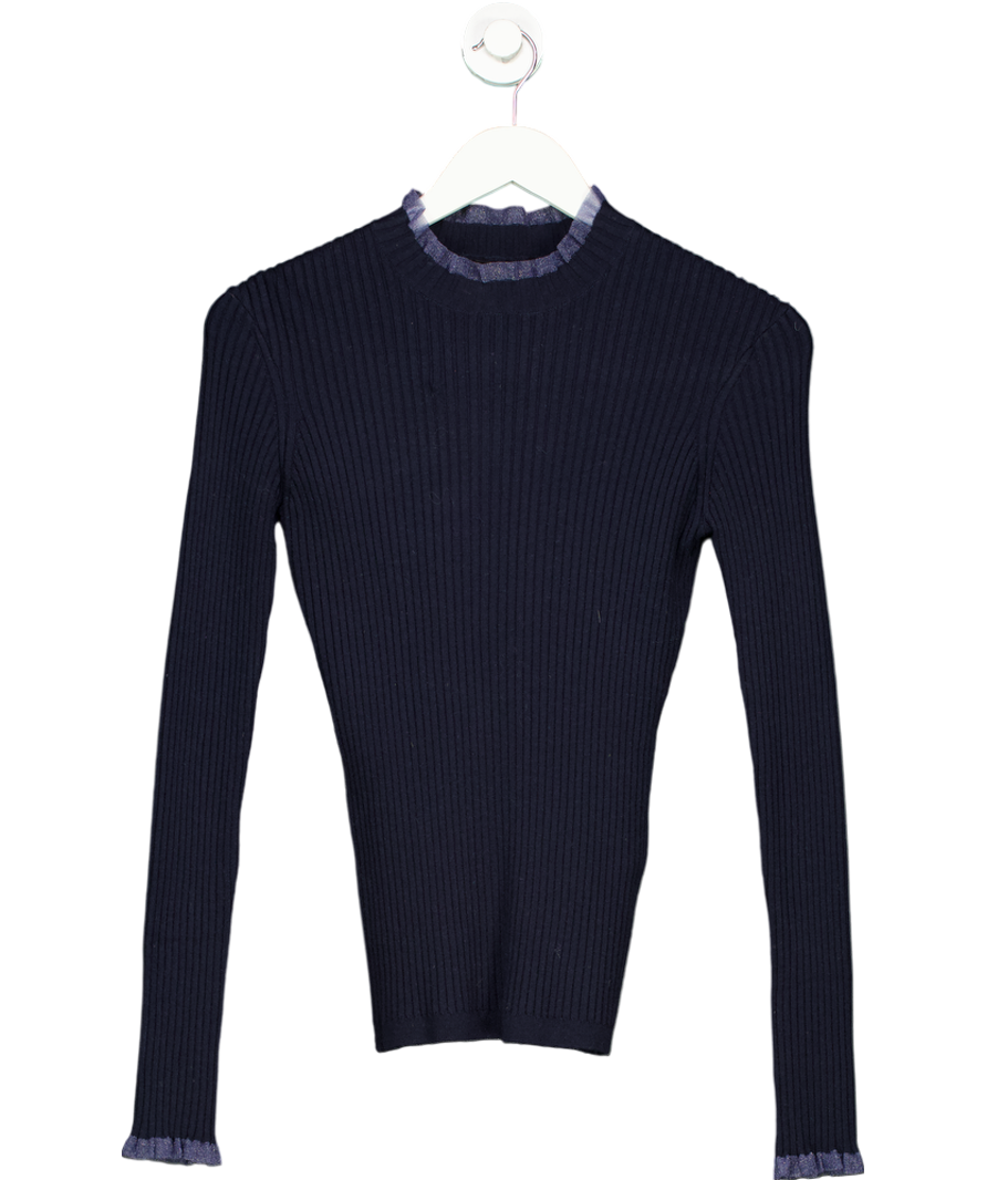 Maje Blue Ribbed Frill Collar & Cuff Top UK 10