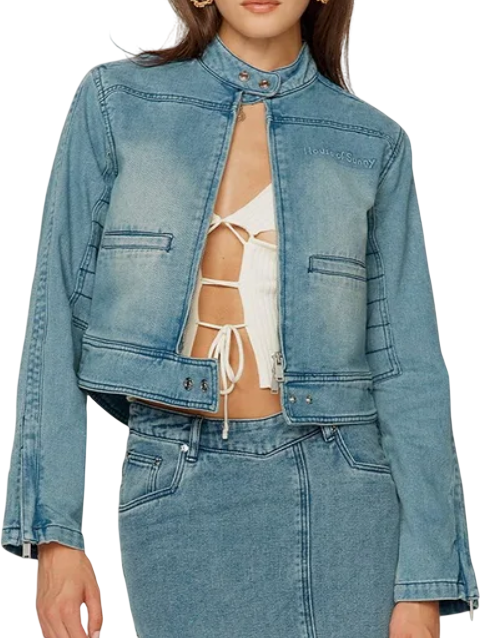 HOUSE OF SUNNY Blue Take A Trip Text-embossed Denim-blend Jacket UK 8