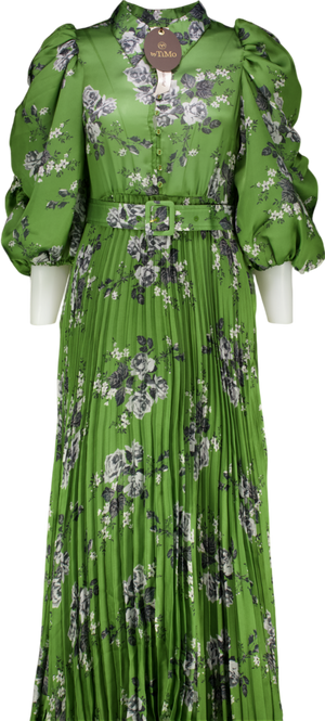 ByTIMO Green Puff Sleeve Plissé Maxi Dress In "Green Roses" UK XS