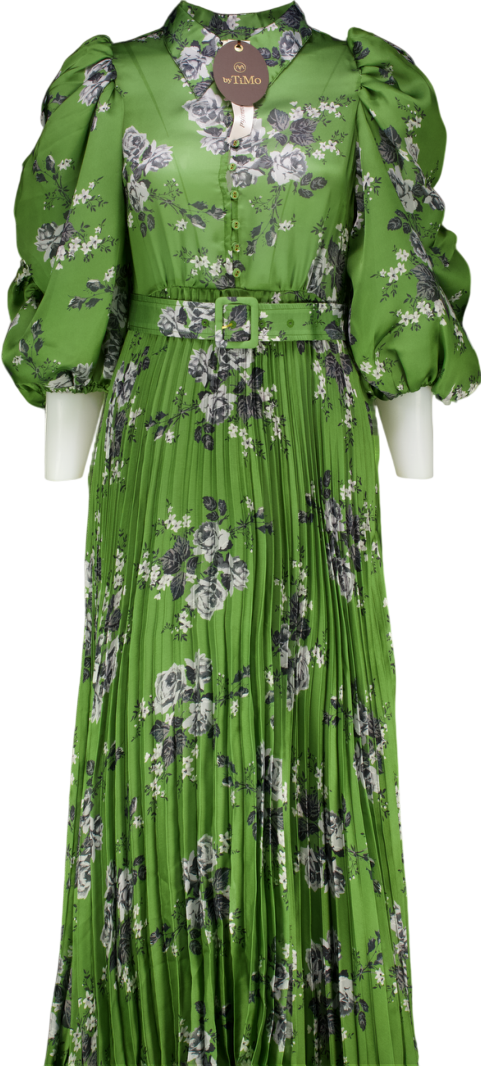 ByTIMO Green Puff Sleeve Plissé Maxi Dress In "Green Roses" UK XS