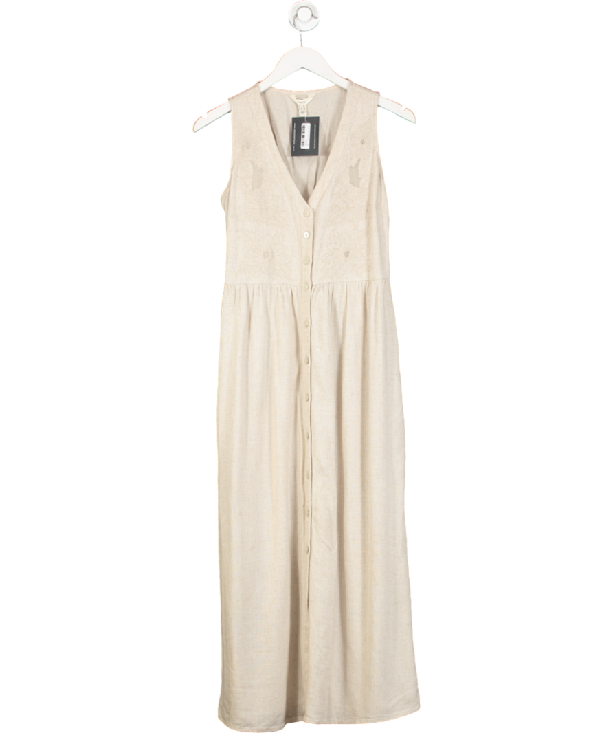 River Island Beige Natural Linen-blend Embroidered Midi Dress UK 6
