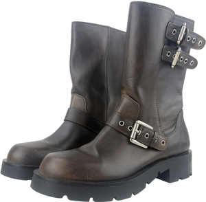 ZARA Brown Leather Biker Buckle Boots UK 5 EU 38