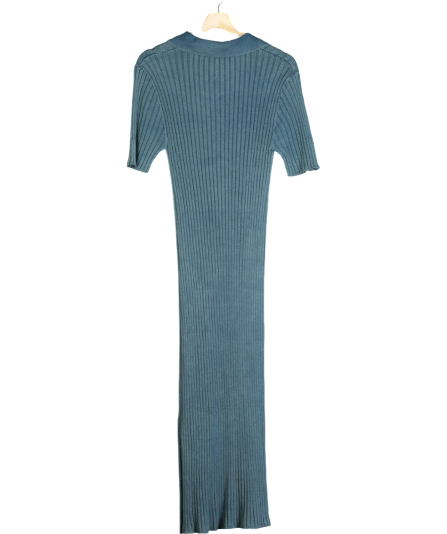 Daily Practice Blue Ribbed Polo Midi Dress UK L