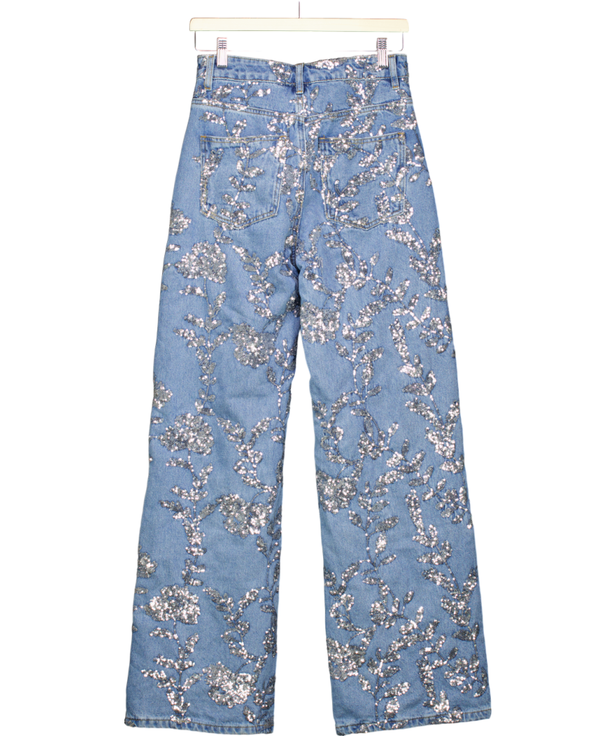 Karen Millen Blue Ivory Denim All Over Floral Sequin Wide Leg Trousers UK 6