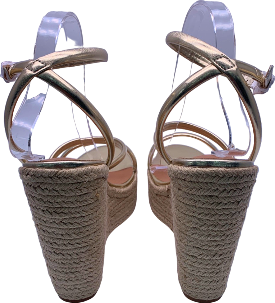 PrettyLittleThing Gold Wide Fit PU Round Toe Asymmetric Strap Platform Heels UK 6