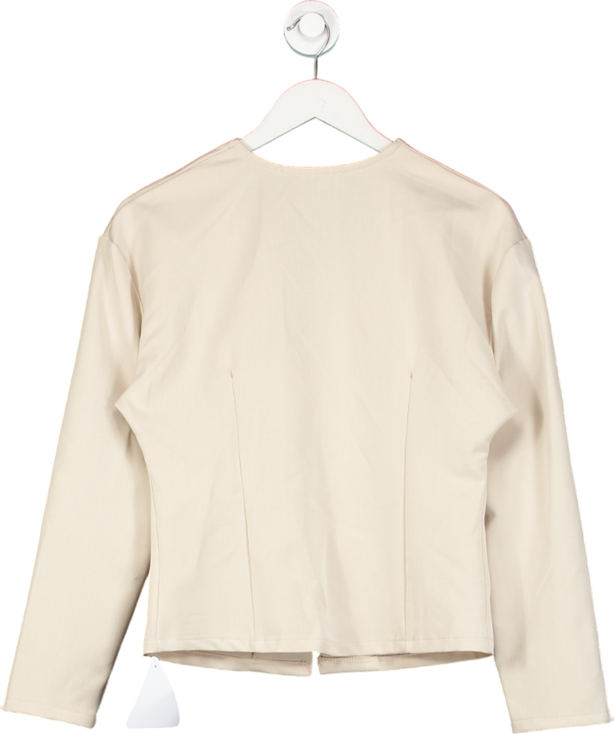 Ego Beige Long Sleeve Collarless Hook And Eye Cinched Waist Blazer In Stone UK 12