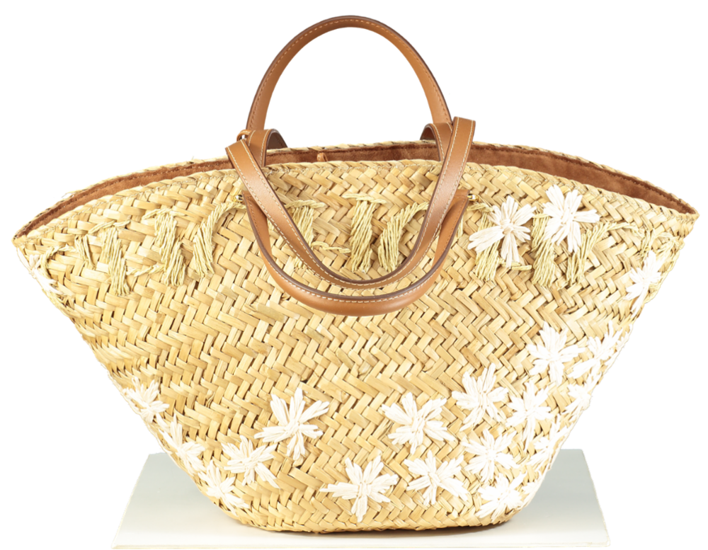 Carolina Herrera Capazo CHHC Beige Straw & Tan Leather Beach Tote Basket Bag