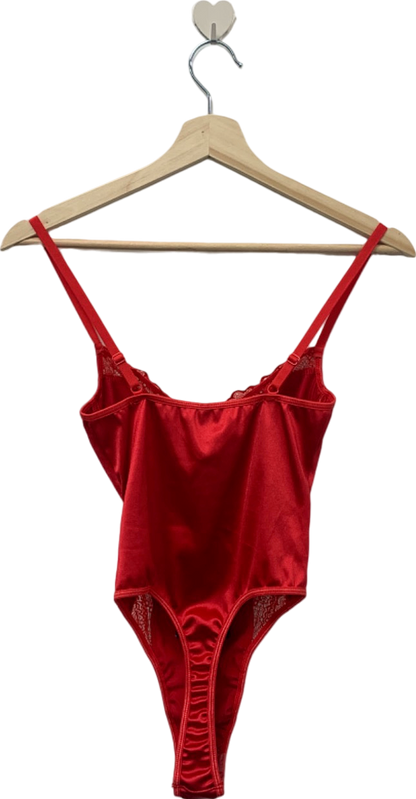 PrettyLittleThing Red Satin Lace Trim Binding Bodysuit XS