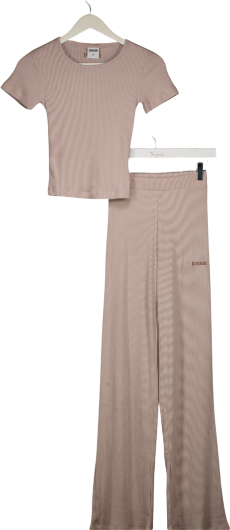 gymshark Nude 2-piece Supersoft Straight Leg Logo Pants (uk M) And Top Set (uk L) UK M/L