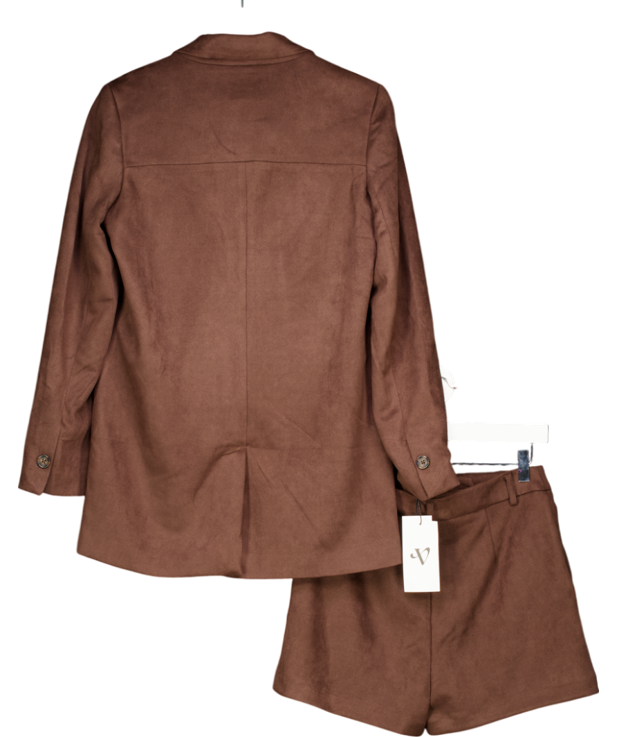 V by Very 2-piece Thew Very Collection Chocolate Brown Relax Faux Suede Shorts And Blazer Set UK 8