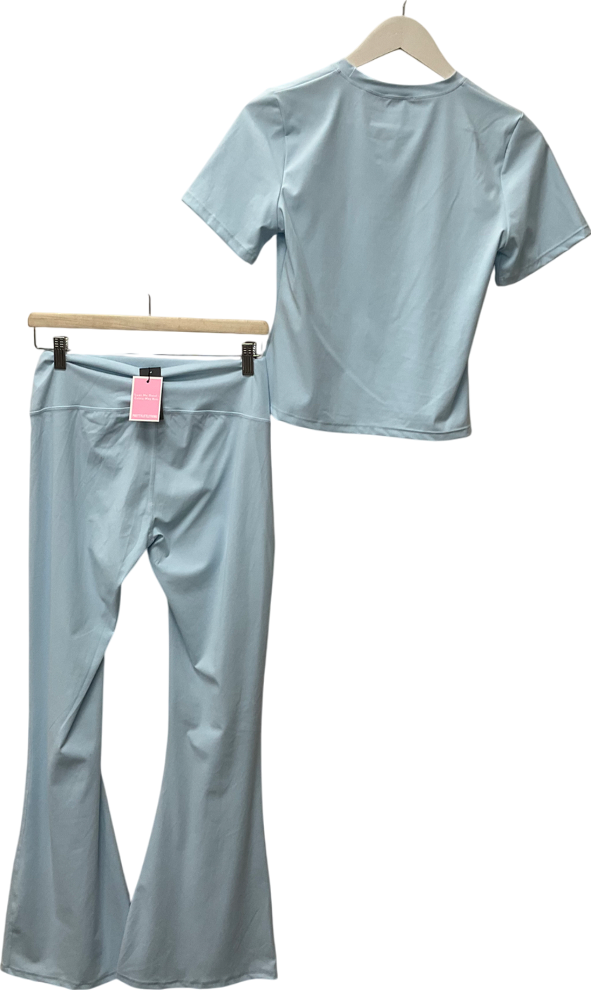 PrettyLittleThing Light Blue Sculpt Longline Short Sleeve Gym Top & Light Blue High Waist Flare Yoga Pants UK 14