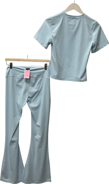 PrettyLittleThing Light Blue Sculpt Longline Short Sleeve Gym Top & Light Blue High Waist Flare Yoga Pants UK 14