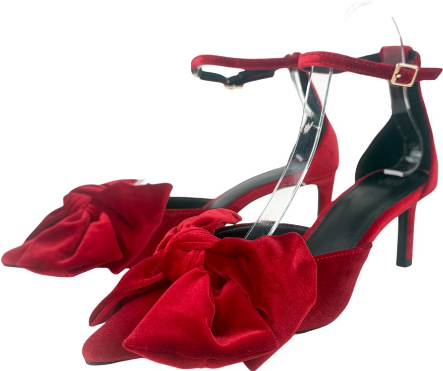 H&M Red Bow-detail Velour Court Shoes UK 4 EU 37 👠
