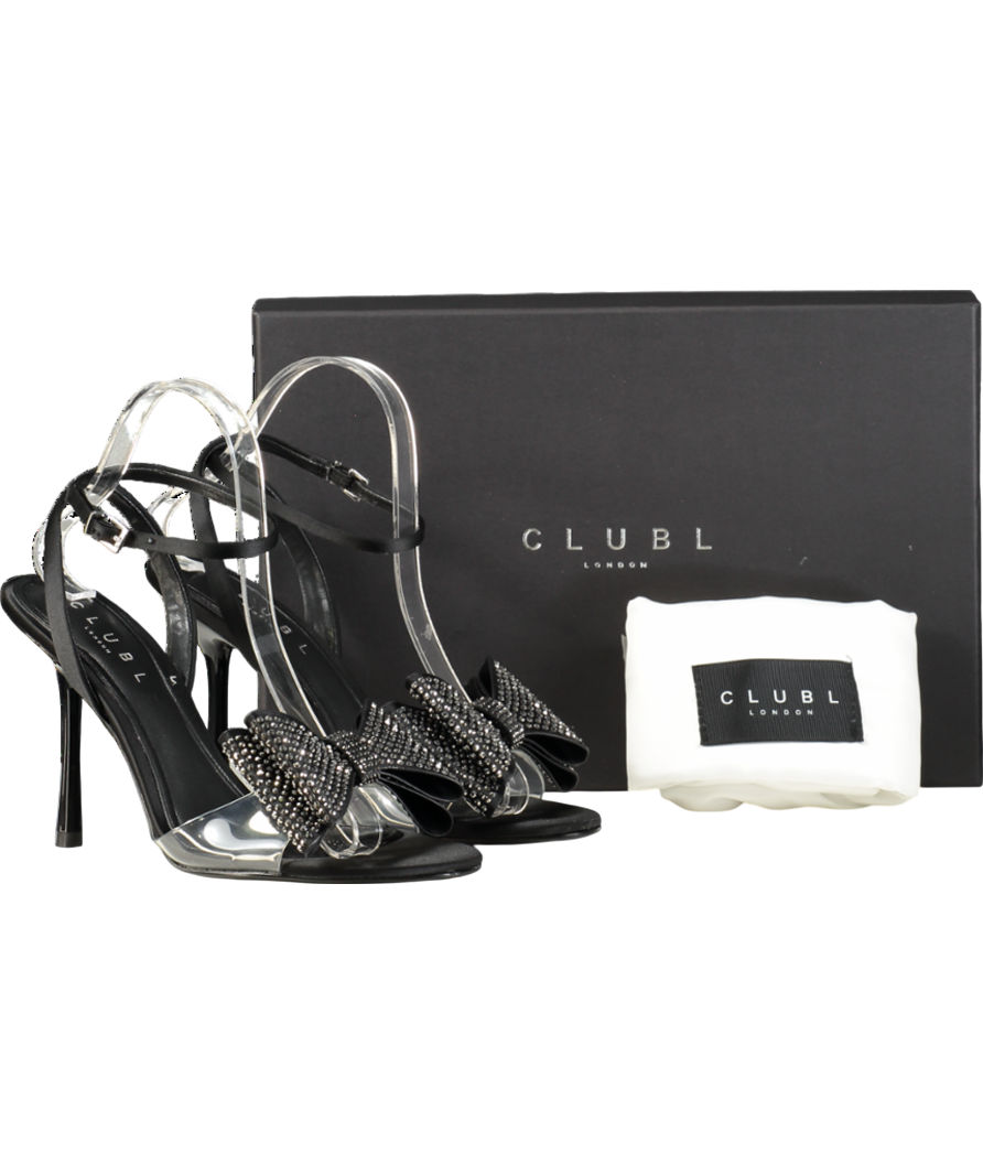Club L Black Bowing Satin Heeled Sandals With Diamante Bows UK 6 EU 39 👠