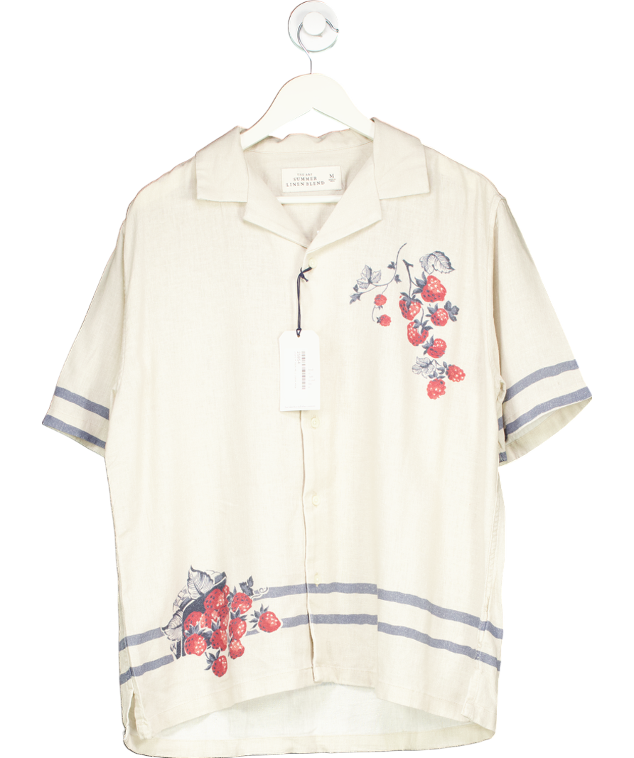 Abercrombie & Fitch Cream Camp Collar Summer Linen-blend Embroidered Graphic Shirt UK M