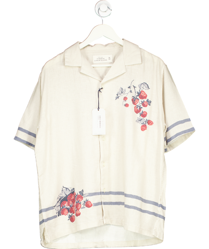 Abercrombie & Fitch Cream Camp Collar Summer Linen-blend Embroidered Graphic Shirt UK M