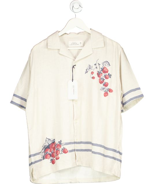 Abercrombie & Fitch Cream Camp Collar Summer Linen-blend Embroidered Graphic Shirt UK M