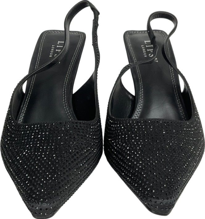 lipsy london Black Mid Heel Point Diamante Slingback Court Sandals UK 7 EU 40 👠