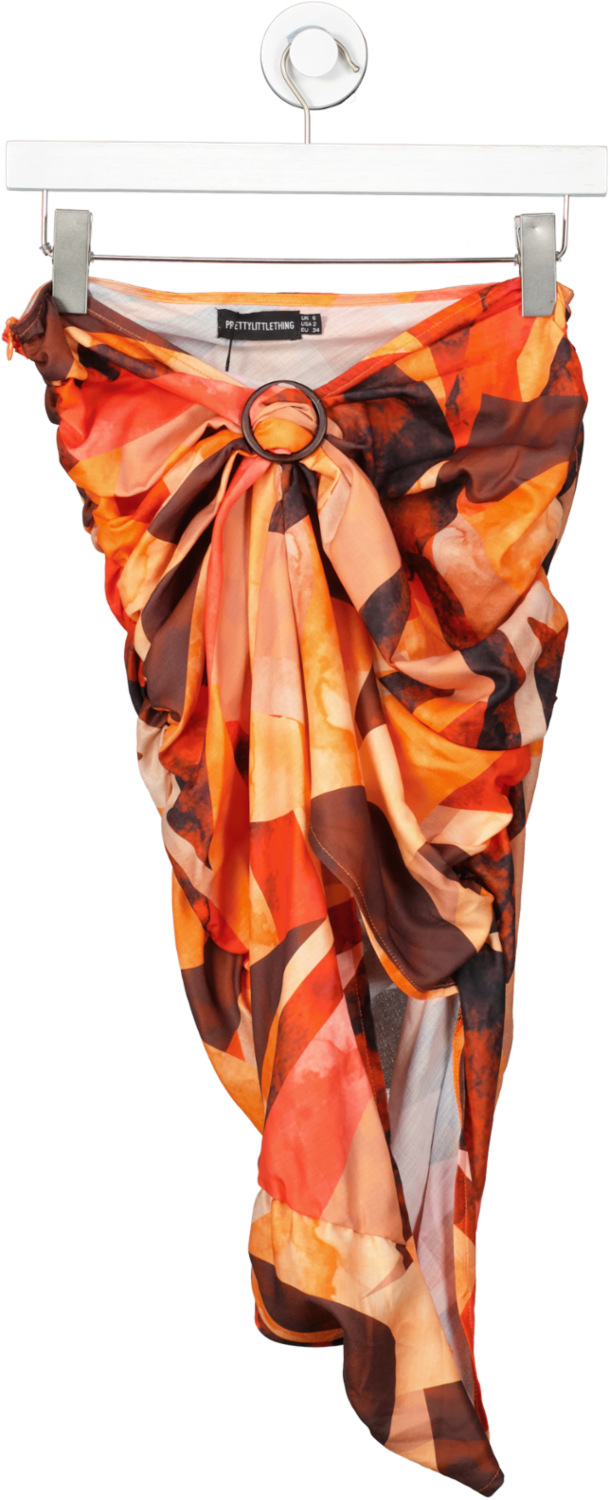 PrettyLittleThing Orange Abstract Print Ring Detail Midi Skirt UK 6