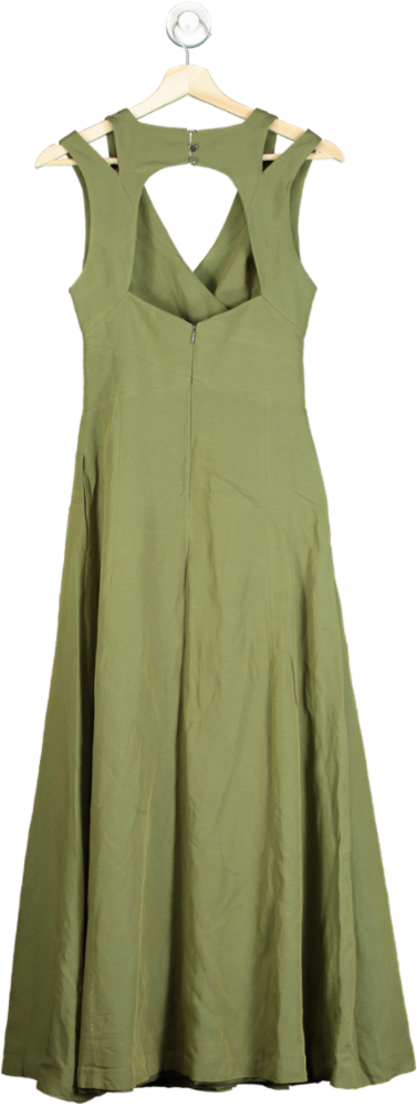 Karen Millen Khaki Open Back V Neck Woven Midi Dress UK 6