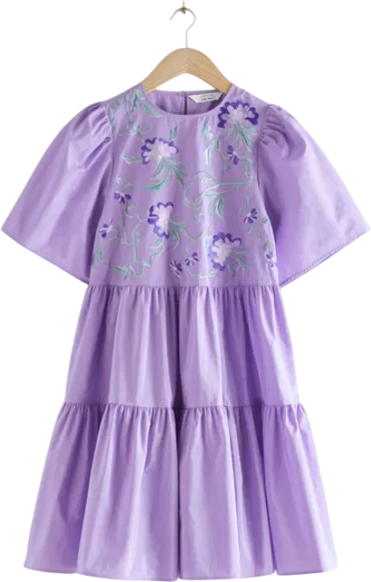 & Other Stories Lilac Voluminous Embroidery Mini Dress UK 8
