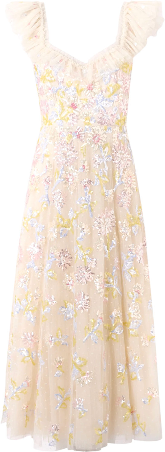 NEEDLE & THREAD Cream Sequin Dandelion Ruffle Ballerina Dress UK 12
