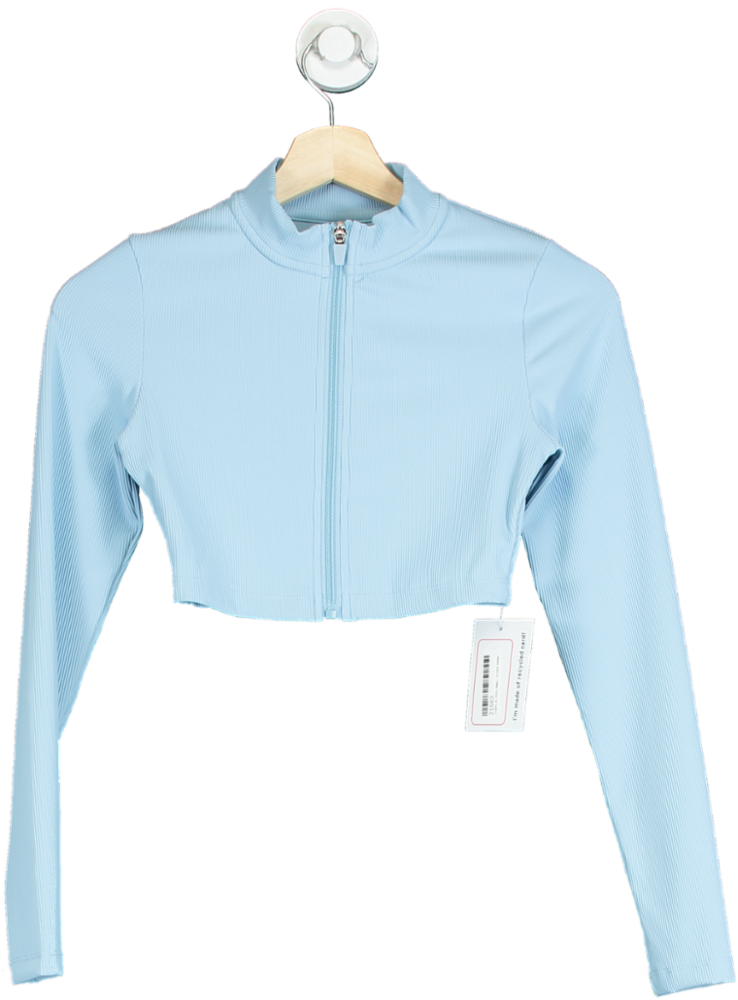 Light Blue Ribbed Cropped Zip-Up Jacket UK S