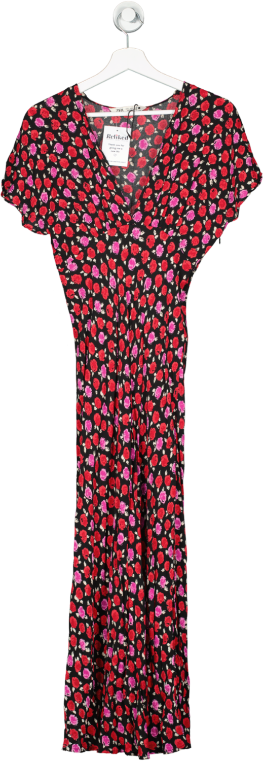 ZARA Multicoloured Pink And Red Rose Maxi Dress UK S