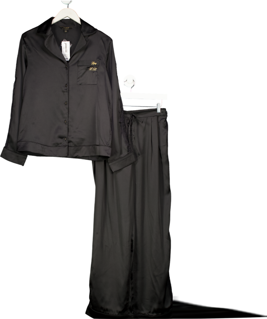 LIPSY Black Satin Long Sleeve Pyjamas Set With Lace Details - Personalised "lb" UK S