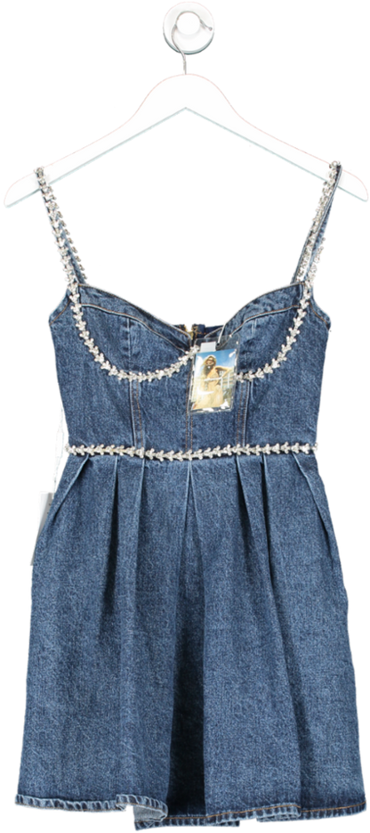 SELF PORTRAIT Blue Crystal-embellished Sweetheart Denim Mini Dress UK 4
