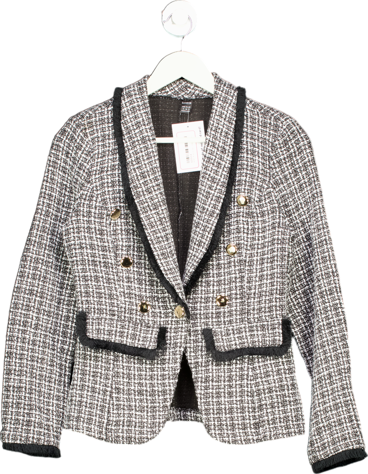 SHEIN Black and White Tweed Double Breasted Blazer UK M