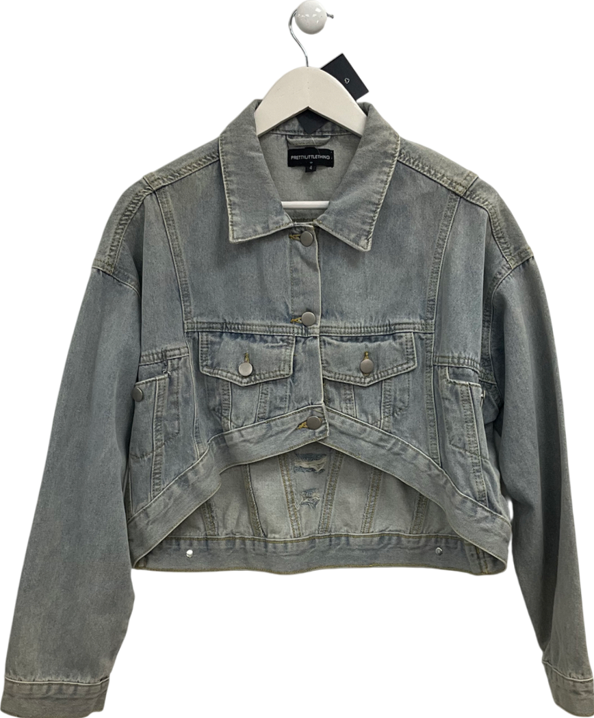 PrettyLittleThing Blue Distressed Super Cropped Denim Jacket UK 4