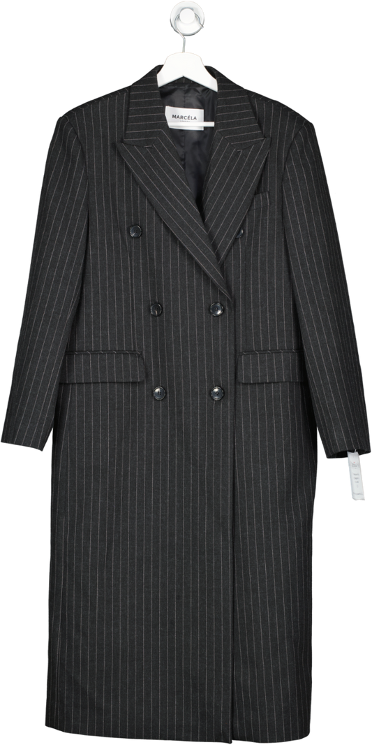 MARCÉLA Black Tobi Wool Pinstripe Double Breasted Overcoat UK M