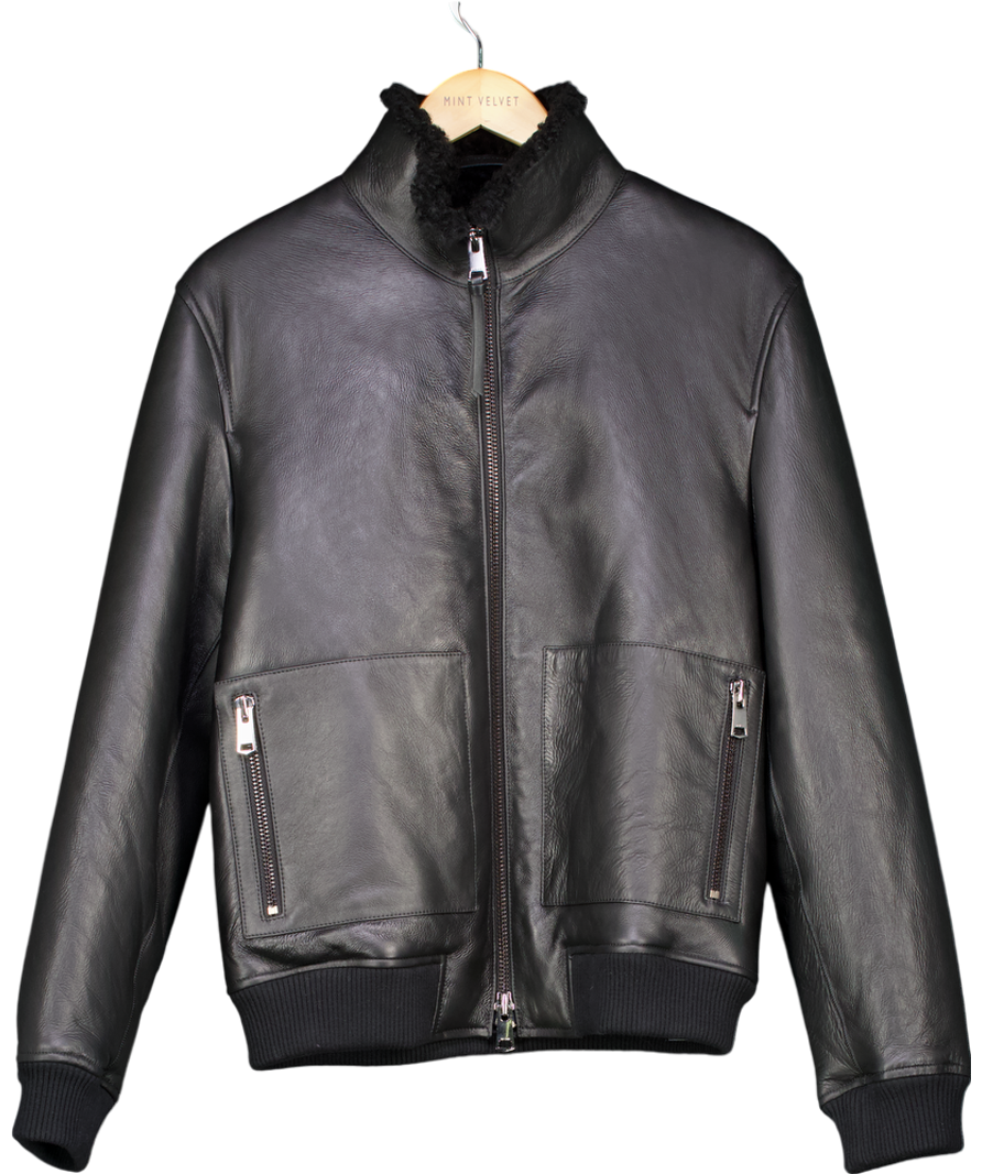REISS Black Curtis Shearling Lined Leather Jacket UK S