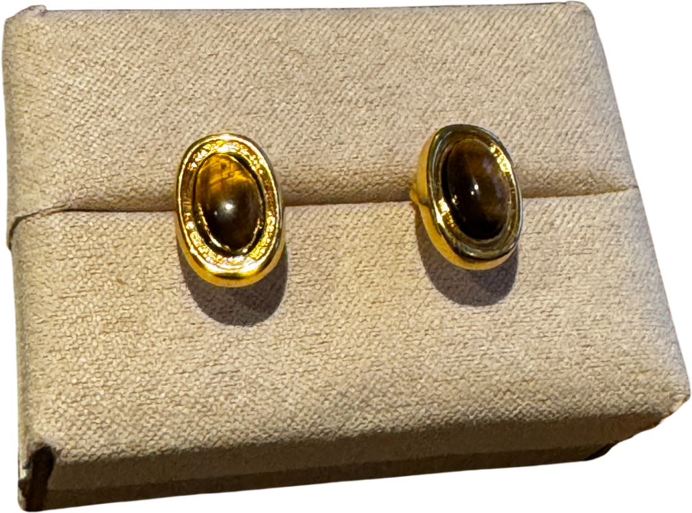 SUIHE 18k Yellow Gold Vermeil Over Sterling Silver Halo Tiger Eye Stone Stud Earrings