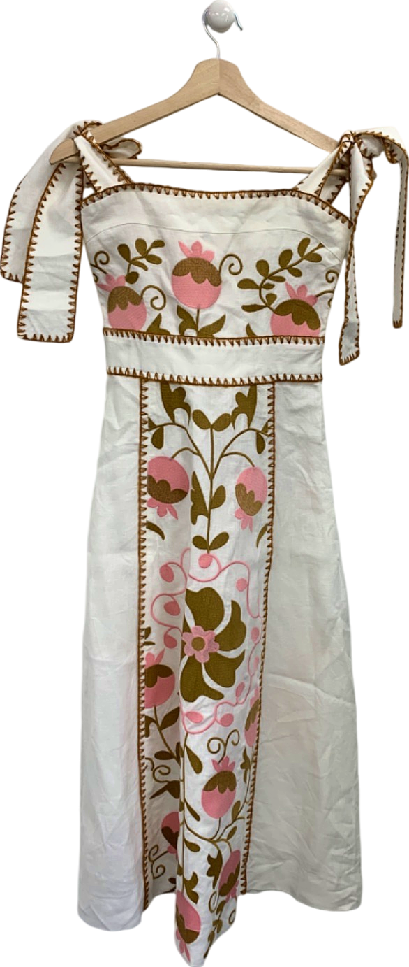 LUG VON SIGA White Ornella Uzbek embroidered linen midi dress UK 8