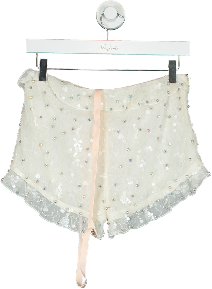 Oh Polly Cream Embellished Mesh Mini Shorts UK 10