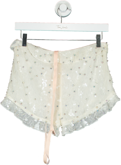 Oh Polly Cream Embellished Mesh Mini Shorts UK 10